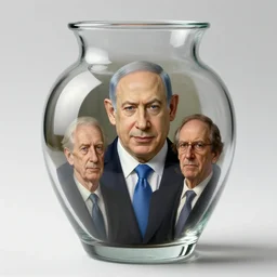 a distorted view of benjamin netanyahu through a glass vase, by norman rockwell and rene magritte and francis bacon