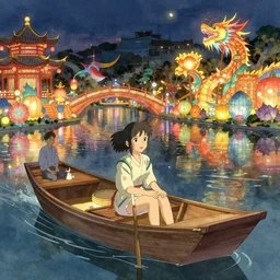 grand river lantern festival photo, a beautiful girl is sitting on the boat, chinese watercolor style, trending on artstation, global illumination, radiant light, night lighting, fantasy art by makoto shinkai, ilya kuvshinov, rossdraws and tom bagshaw, highly detailed and intricate environment, 8 k