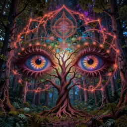 realistic wide angle photo, fractal halo, sacred geometry, in eyes growing on trees, magic forest, intricate artwork by Tyler Edlin, Moebius and Giger, greg rutkowski, very coherent symmetrical artwork,,cinematic, hyper realism, high detail, vivid colors, octane render, unreal engine, 8k, Smooth gradients, High contrast, depth of field by Jacek Yerka