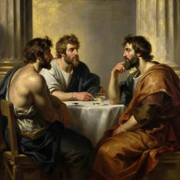 beautiful oil matte portrait painting, men discussing politics inside a greek forum, wonderful masterpiece highly detailed, beautiful cinematic light deep focus, elegant, digital painting, smooth, sharp focus, golden ratio, dramatic illumination, ultra realistic, 8 k, art by artemisia lomi gentileschi and caravaggio