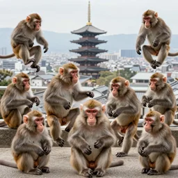 a tight shot of a dozen monkeys attacking a city in Japan by Ashley Wood, rule of thirds