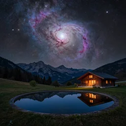 a beautiful double exposure of an astrophotography image of orion nebula by hubble in the sky and a night time landscape with mountains, reflecting pool, wooden chalet, lpoty, award winning, apod