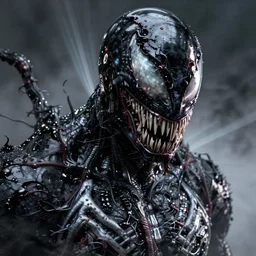 Wolverine venom portrait, close up, futuristic sci-fi, alien fabric, venom costume, black slime, roots, chrome mask, beams of light, fog atmosphere, highly no detailed, atmospheric, dark aesthetics, artstation, octane rendering, ultra realistic, 8k