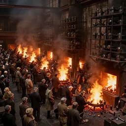 a huge crowd of old - fashioned employees working in the forges of hell on many bizarre metal pieces. the heat of the flames is insufferable. the walls are covered with big black metal racks.