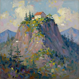a painting of a mountain with a house on top of it, an impressionist painting by karl thiart, artstation, action painting, glitch art, impressionism, terragen