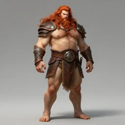 ginger viking with flowing long wavy hair in leather armor, very pale, very hairy chest, bare chest, very thick legs, bare legs, husky body type, very muscular, very tall, full body picture, fantasy, dungeons and dragons, detailed digital art, 4 k