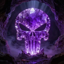 punisher symbol is luminous deep purple crystal growing in a cave with smoke and light rays.