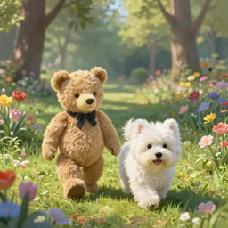 A teddy bear and a white fluffy cute dog walking together in a park full flowers by Thomas Kinkade, trending on Art station.
