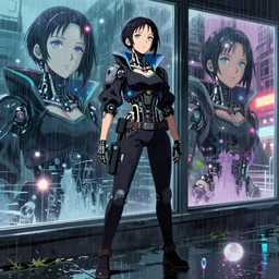 cyberpunk anime art, refractions on lens, rowan atkinson as a beautiful cyborg girl in the style of arcane, full round face, biomechanical details, full body shot, rain, wet street, window reflections, lens flare, wlop, ilya kuvshinov, artgerm, krenz cushart, greg rutkowski