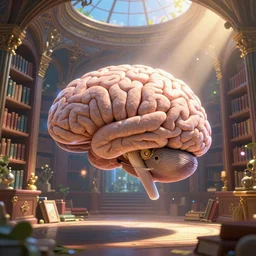 A floating brain in a beautiful library intricate, elegant, fantasy, highly detailed, digital painting, concept art, sharp focus, illustration, beautiful volumetric lighting, epic light, artstation, magic hour lighting, colorful, sunshine, springtime, art by Sylvain Sarrailh