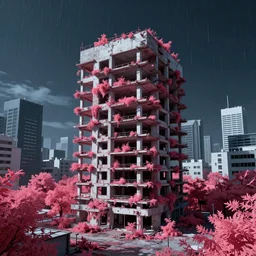 a beautiful ultradetailed render of architecture abandoned building urbex unfinished building nature city pharmacy by kazuyo sejima, infrared tokyo nightsky bladerunner 2 0 4 9 lightpaint nature alien nightvision rainforest, archdaily, wallpaper, highly detailed, trending on artstation.