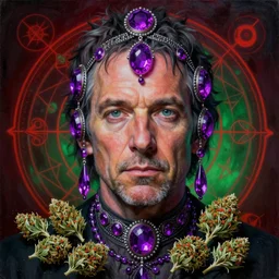 hyper realistic portrait painting of bill murray ( intrincate detail, hot neon purple ornaments, marijuana ) wet, marijuana buds, by saturno butto, boris vallejo, austin osman spare and david kassan, by bussiere. occult art, occult diagram, red and green color scheme.