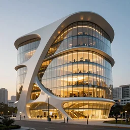 modern beautiful Saha Hadid building with lots of glass and cured surfaces, hypermaximalistic, high details, cinematic, 8k resolution, beautifully detailed, insanely intricate details, artstation trending, octane render, unreal engine, bright lit interiors, warm yellow lights, golden hour, city background in silhouette, photographic vignetting,