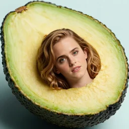 photo of emma watson in an avocado, photorealistic, wide angle