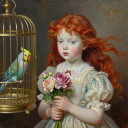 a young girl portrait with porcelain face and red hair of two ponytails flying in the wind, dressed in a vintage dress, holding flowers in her hands having closer a parrot gold cage, conceptual art, oil painting, svetlana melik - nubarovas style