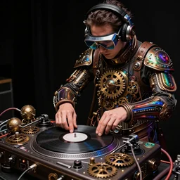 a person wearing goggles and visor and headphones using a steampunk record player contraption, wires and tubes, turntablism dj scratching, intricate planetary gears, complex, cinematic, imax, sharp focus, iridescent, black light