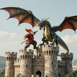 A dwarf fighting a dragon on top of a castle, incredible detail, rendered in 4k,