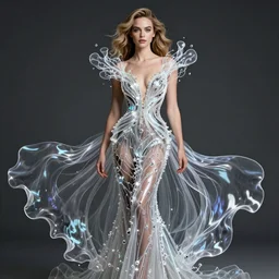Super model Cara delevingne wearing a gown made of flowing plasma ultra high quality extremely intricacies in the level of detail photorealism 8k very beautifully designed