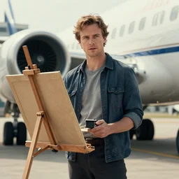 photograph of aiden gillen standing in front of an airplane, holding an easel, photorealistic, detailed, trending on artstation