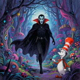 Vampire traveling through a beautiful psychedelic world, horror, illustrated by Greg Rutkowski and dr seuss, masterpiece, vibrant colors, trending on artstation