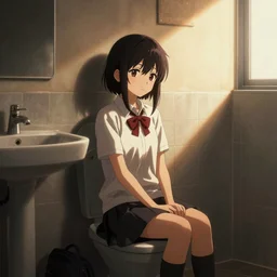 school girl sitting in the school bathroom - dramatic cozy art by wlop and okuda genso. featured on pixiv, anime aesthetic. pixiv, warm aesthetic, rays of light, volumetric light, artstation, vanitas, official art, gothic, noise film photo. octane render, redshift render, ue 4