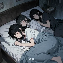 3 d girl and cat sleep on a bed in a cozy room - poster by wlop, kiyohara tama, krenz cushart, masamune shirow, makoto shinkai, yanjun cheng. featured on pixiv, anime aesthetic, pixiv, cold tones, artstation, vanitas, official art, gothic dark noise film photo - up portrait