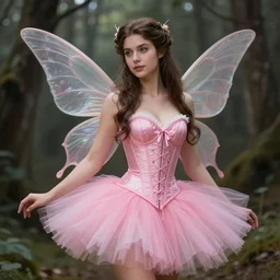 brunette fairy woman, wearing pink corset and tutu, d & d, fantasy, highly detailed, digital painting, trending on artstation, concept art, sharp focus, illustration, art by artgerm and greg rutkowski and magali villeneuve