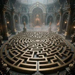 Inside of an intricate labyrinth, intricate, baroque, wonderland, mist, cinematic shot, photorealistic, photography, octane, high definition, detailed, 8k, artstation