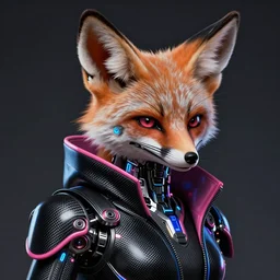 face portrait of a cyborg fennec fox animal assassin, in black carbon fiber pink and blue sci-fi clothing, light coming off of the clothing, tech wear, sci-fi, vaporwave, intricate, elegant, highly detailed, digital painting, artstation, concept art, smooth, sharp focus, illustration, trending on art station, dynamic lighting, cinematic, ultra detailed, fantasy concept art