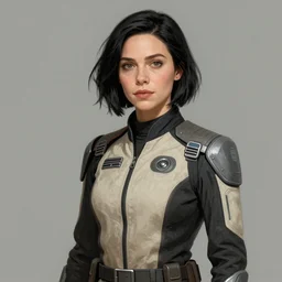 a woman who looks like a mixture between Elizabeth Olsen, Mary Elizabeth Winstead and young Sigourney Weaver, black bob hair, wearing beige and black utilitarian jumpsuit, scifi, highly detailed portrait, digital painting, artstation, concept art, smooth, sharp focus, illustration, ArtStation HQ