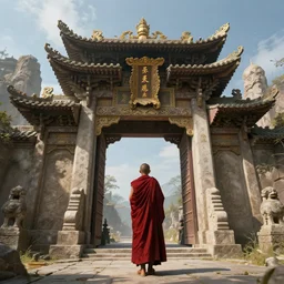 the gate to the eternal kingdom of monks, fantasy, digital art, hd, detailed.