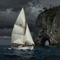 photorealistic mixed - media painting of a 1 9 2 5 seiner sailing near a short tropical cliff with the mouth of a sea cave at the waterline, dark, brooding, atmospheric, lovecraft, horror, smooth, epic, highly detailed, cinematic, by frank frazetta