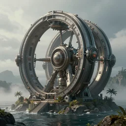 a huge time travel machine with rings in the style of contact movie on an island, hyperrealistic, cinematic, dramatic, mist, octane render, 8K, 3D