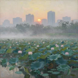 impressionism painting of a pond of lotus on a foggy morning, sun low on horizon through skyscrapers, soft light, misty