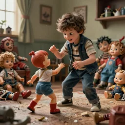 a war of action dolls in a room of a crazy boy, he has several broken and deformed horror toys, ultrarealistic filmic cinematic ful color 8 k 3 d unreal engine