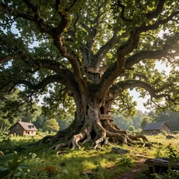 village hewn into the gnarled roots of an enormous oak tree, idyllic forest scape by jordan grimmer and rebecca guay, crepuscular rays, vibrant, wide angle, epic, vast, trending on artstation, cgsociety, intricate, atmospheric lighting, unreal engine, 8 k resolution, ultrafine detail, octane render