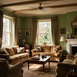 traditional english living room natural lights victorian townhouse home interior, green brown yellow colors cozy