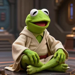 Kermit the Frog jedi robes, he's chilling inside the Jedi Temple, hyperdetailed, artstation, cgsociety, 8k