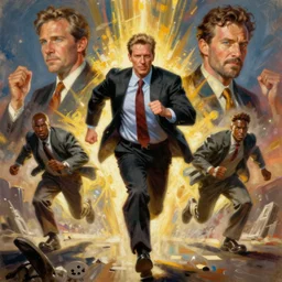 full body and head portrait of martyn ford as judge dredd running from the thing, dynamic action, painted by norman rockwell and phil hale and greg staples and tom lovell and frank schoonover and jack kirby
