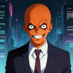 junji ito illustration of an orange-headed businessman, creepy face, cyberpunk city