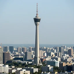 A space elevator in a city viewed from far away