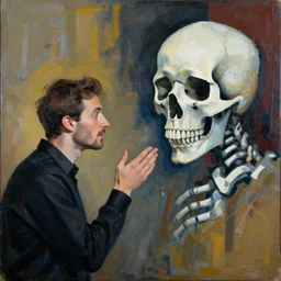 a man has a conversation with death, abstract art