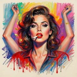a painting made of color splashes of a women looking at the camera with a cigarette in her mouth in 1 9 8 0 s, papermade, handmade art, drawing, illustration, fine art, high detailed image, canvas, oil pastel colors, volumetric light, pencil strokes, red dripping paint, high quality, sharp focus, retro neon colores, abstract background, hands dancing, symmetrical drawing, hand lettering, craftsmenship, golden leaves, texture, low grained, paper texture 8 k