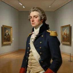 museum painting, wide - shot, photo of young yves saint - laurent in the age of 2 1, light brown hair gathered!! ponytail, dressed in 1 8 th century uniform, sharp focus, highly detailed, digital art, oil painting, masterpiece, artgerm, rutkowski, mucha, kinkade