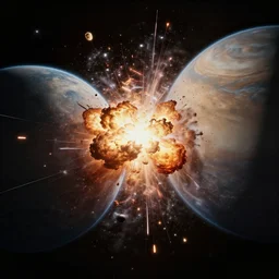 realistic scene of 2 planets collide, explosion, 1 4 5 0, ink, ultra realistic, 8 k