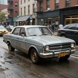 street photography by saul leiter, in a wet new york high quality street, award winning photo of an ultra detailed dirty high quality vintage ford car speeding very fast on mud, fast shutter speed, motion blur, tiny gaussian blur, highly detailed, highly intricate, depth of field, trending on top gear