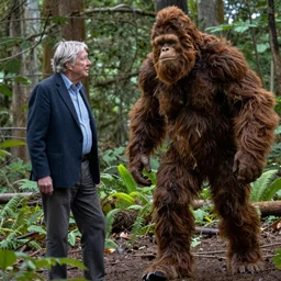 Sir David Attenborough in the woods discovering Bigfoot Sasquatch
