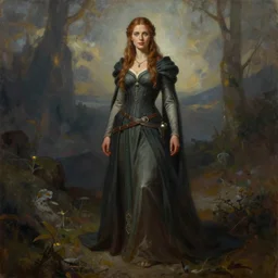 a full body high detail fantasy portrait oil painting illustration of a single beautiful sophisticated singing bard woman by justin sweet with face and body clearly visible, in a scenic background, pupils visible, realistic proportions, d & d, rpg, forgotten realms, artstation trending, high quality, sombre mood, artstation trending, muted colours, entire person visible!