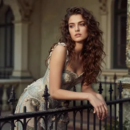 a beautiful young woman leaning on a fence on a terrace, rococo, dramatic, 8 k