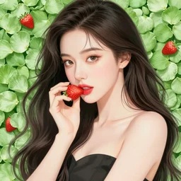 the portrait of an absurdly beautiful, graceful, elegant, sophisticated, fashionable woman made of strawberries and green petals, an ultrafine hyperdetailed illustration by kim jung gi, irakli nadar, intricate linework, bright colors, octopath traveler, final fantasy, unreal engine 5 highly rendered, global illumination, radiant light, detailed and intricate environment
